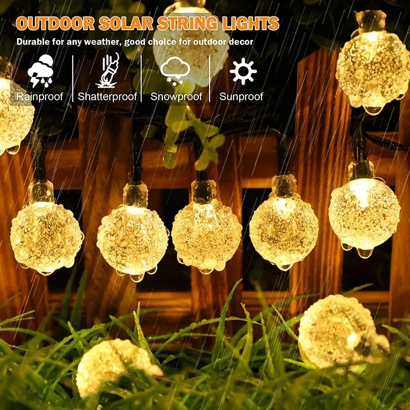 Guirnalda de luces LED solares para exteriores, luces de globo de cristal impermeables de color blanco cálido para jardín, decoración de Festival de