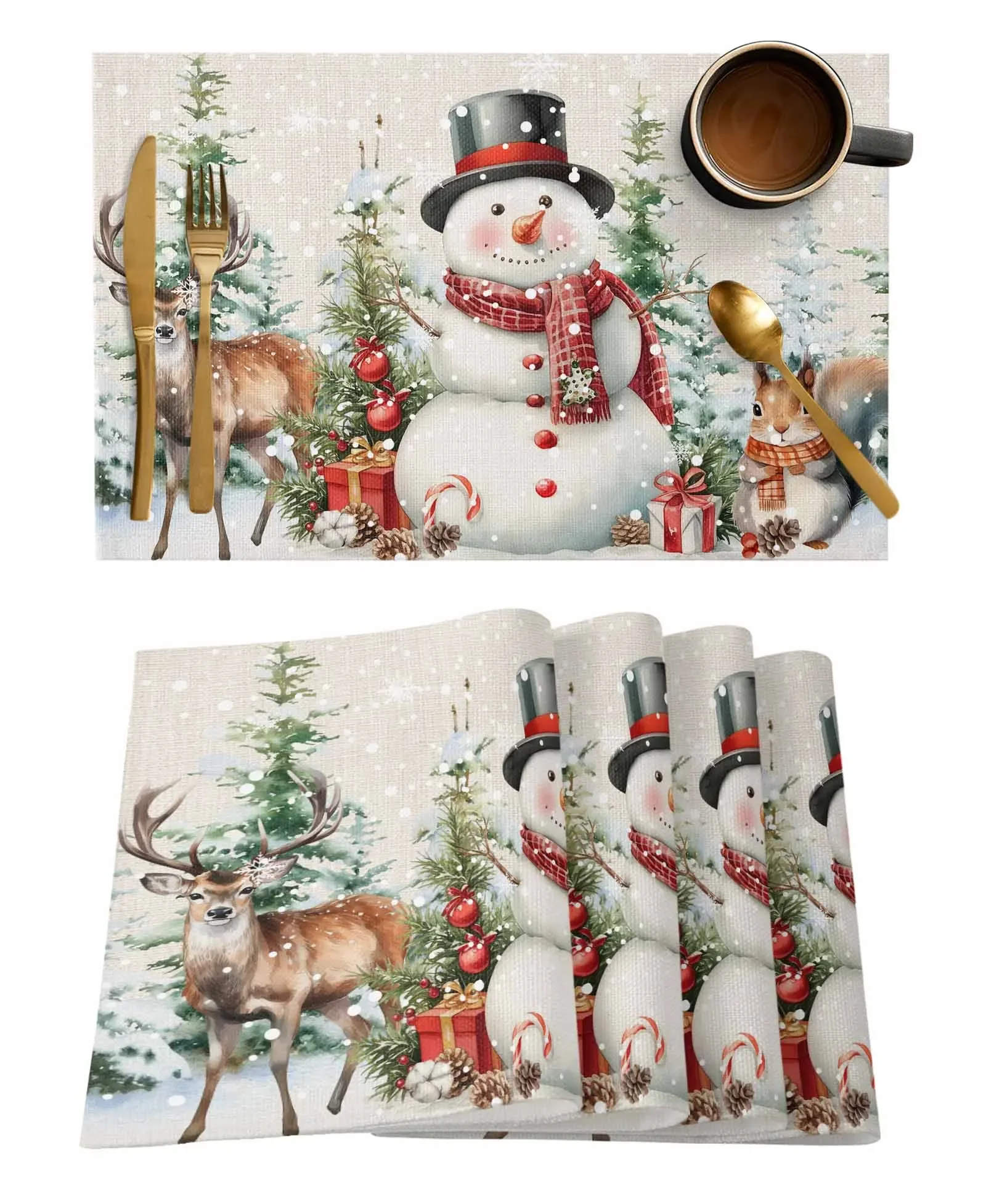 4PCS Christmas Snowman Berry Pine Christmas Tree Squirrel Placemats Linen Dining Table Mats Coaster Kitchen Home Decoration