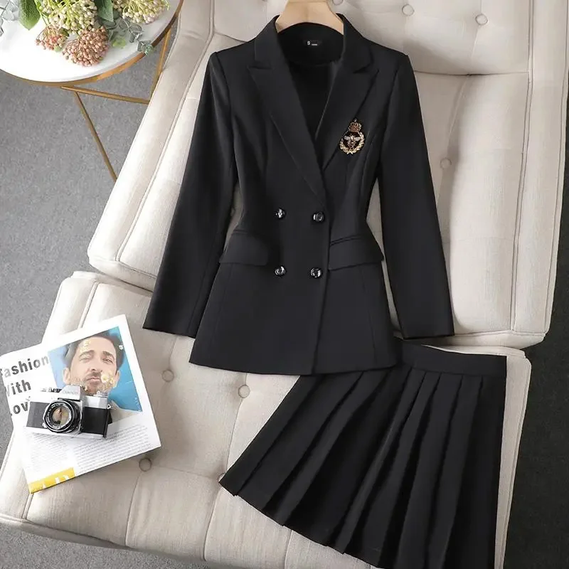 

Large 4XL Uniform Women Elegant Work Suit Long Sleeve Jacket Coat Top And Mini Skirt Two Piece Set Matching Outfit Female
