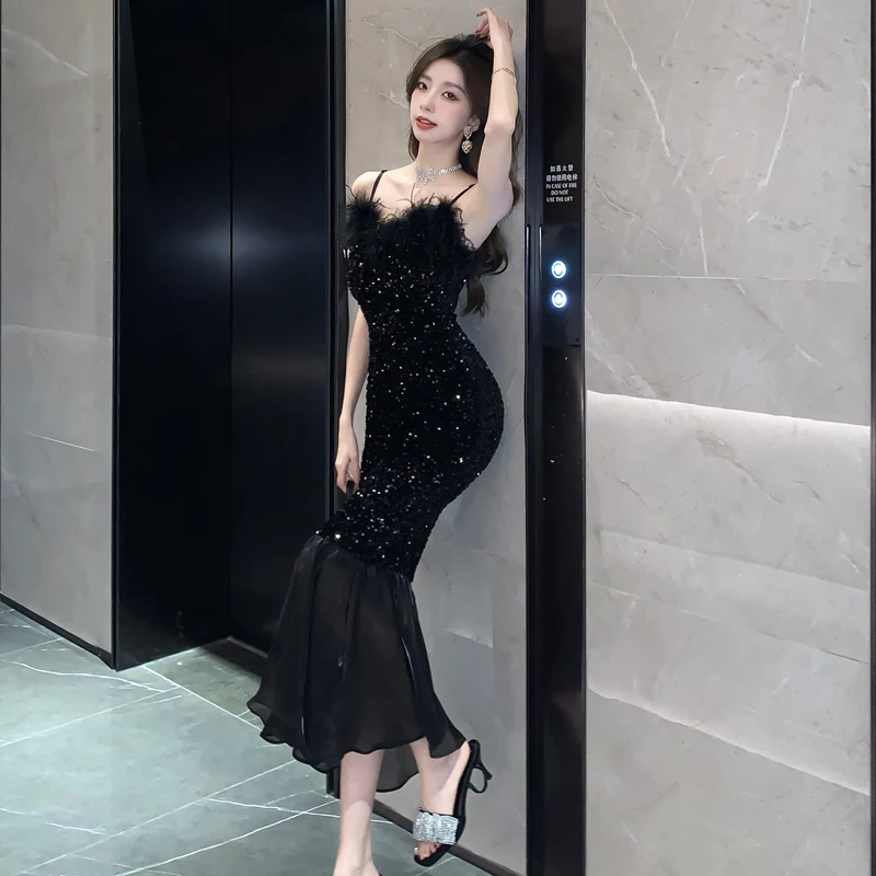 Women\'s French Style Velvet Spaghetti Elegant Lady Sequined Evening Straps Long Dress Summer Black Fishtail Sheath Dresses