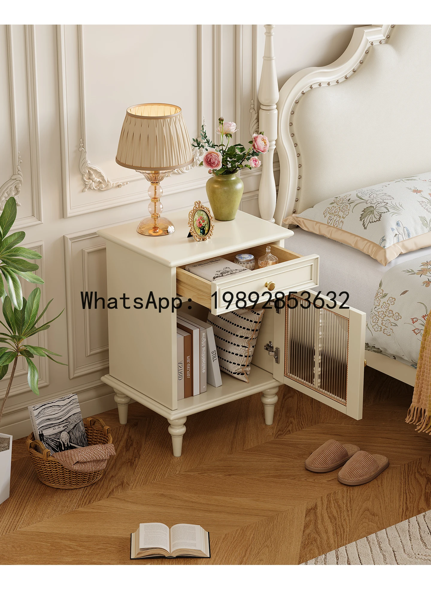 YFY French Cream Style Solid Wood Bedside Table Home Bedside Storage Cabinet American Style Bedroom White Storage Cabinet