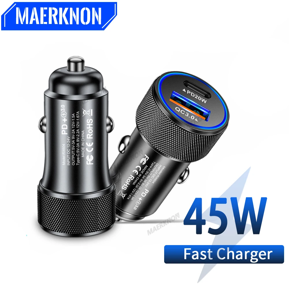 

45W PD Car Charger USB Type C Fast Charging Car Phone Adapter for iPhone 13 12 Xiaomi Huawei Samsung S21 S22 Quick Charge 3.0