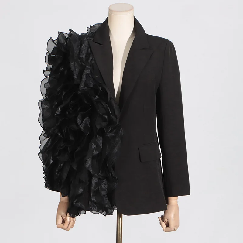 Splicing mesh ruffled long-sleeved women's jackets high street loose irregular black lapel coat fall and winter 2024 New