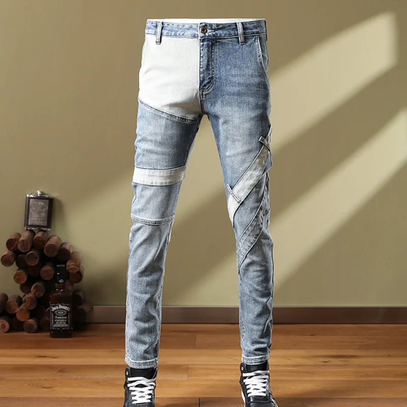 

Fall Blue White Contrast Color Stitching Design Slim Fit Stretchy Jean Hip Hop Style Trouser For Men Pantalon Vaquero Hombre