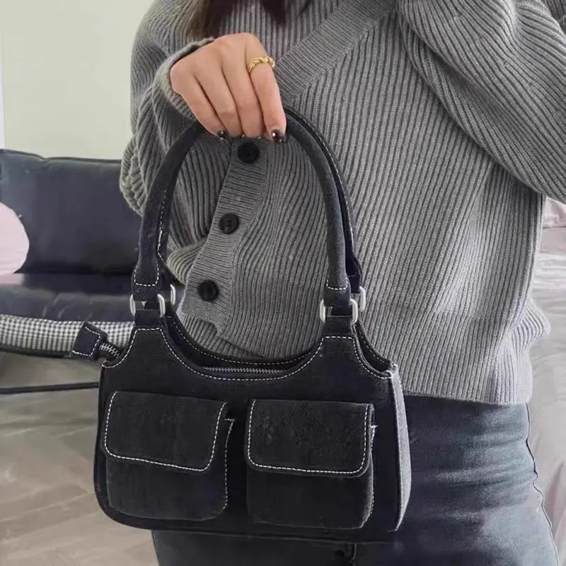 

Summer sweet girl denim blue bag luxury designer lady college style hottie double pocket retro underarm denim commuter handbag
