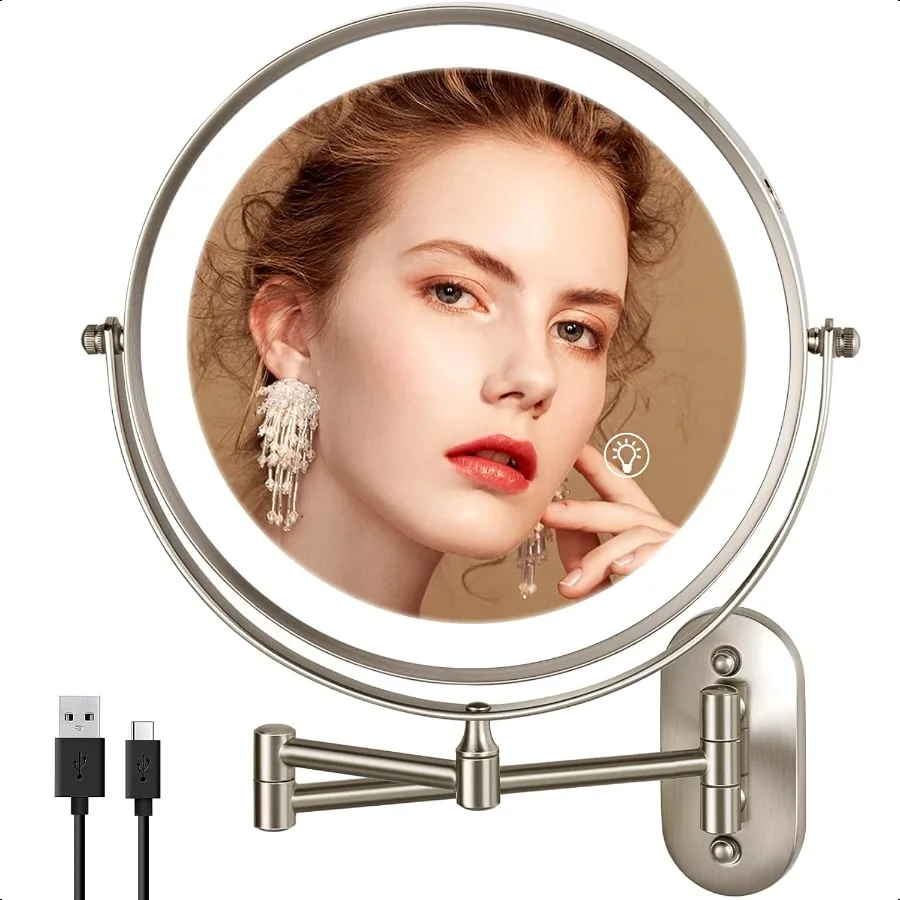 

Rechargeable Wall Mounted Lighted Makeup Mirror 8.5'' DoubleSided 1X 10X LED Magnifying Vanity Mirror with Lights 3 Color Light