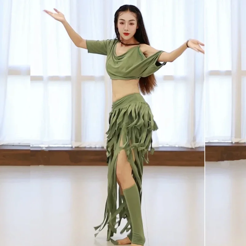 

Комплект для занятий танцами живота: сексуальный костюм для выступлений с открытыми плечами, одежда для начинающих танцовщиц.