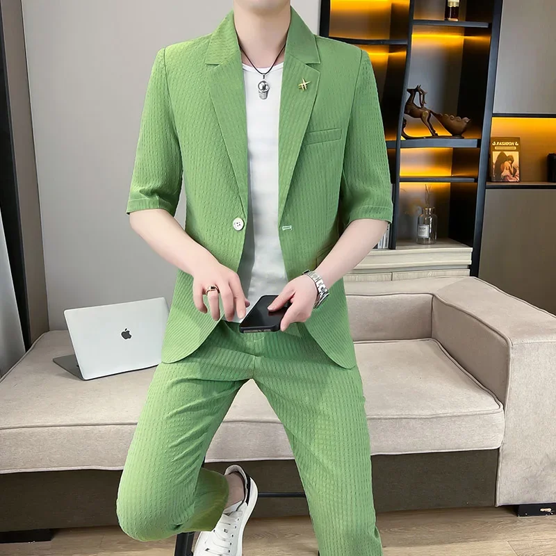 2024 Summer Men\'s Sets Half Sleeve Blazer Suits Fashion Solid color Short Sleeve Button Suit Shirt + Pants Slim FIt 2 Piece Set