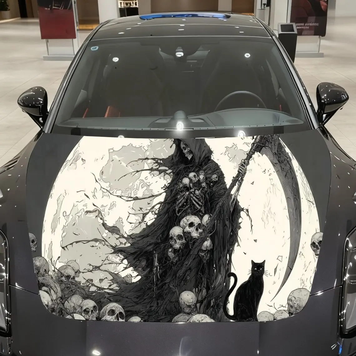 

Skeleton Cat Grim Reaper Car hood packaging sticker, PVC material, self-adhesive waterproof, anti-slip paint, car exterior decor