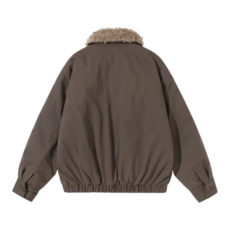 Winter Japanese Retro Workwear Short Cotton Jacket for Men and Women Loose Lambhair Collar Thick Coat