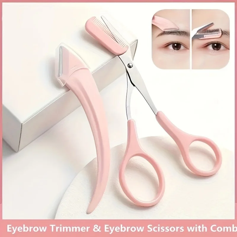 Pink Eyebrow Grooming Kit: Premium Eyebrow Trimmer And Scissors Set, Featuring a Curved Eyebrow Razor And Scissors with a Comb