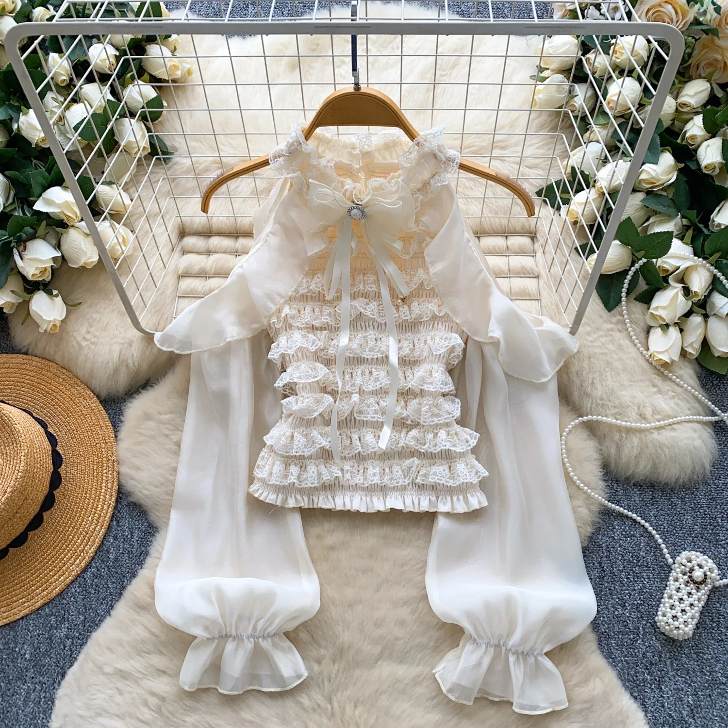 

Fashionable Long Sleeve Lace Shoulder Bared Neckline Women's Shirt Design High Waist Commute Style Polyester Fiber Blouse