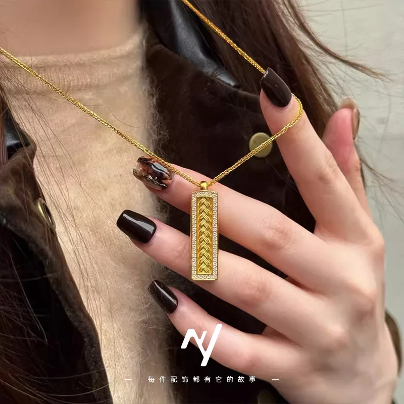 24k 999Popular gold necklace with wheat ear design, small gold bar, traditional pure gold pendant, braided rope necklace
