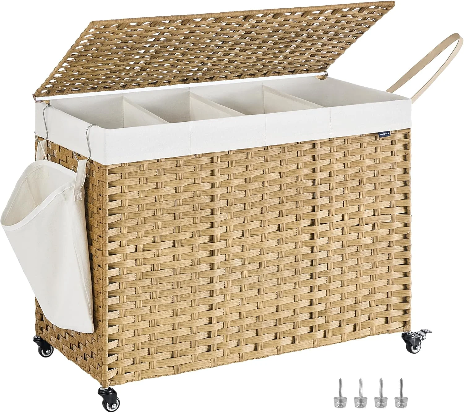 

Large Rolling Laundry Hamper with Lid, 4-Section Sorting, Removable Liner, Wheels & Brakes, Natural Rattan Design