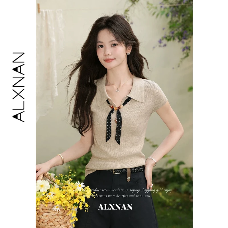 

ALXNAN Oatmeal Knit Short Sleeve T-shirt Women Summer Polo Collar Slim Fit Casual T-shirts Fashion Elegant Female Tops L65133