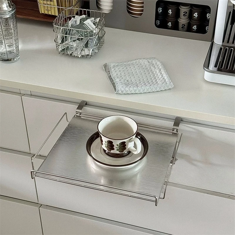 

ins creative stainless steel hanging cabinet door table plate pot rack, foldable tea bar countertop rack