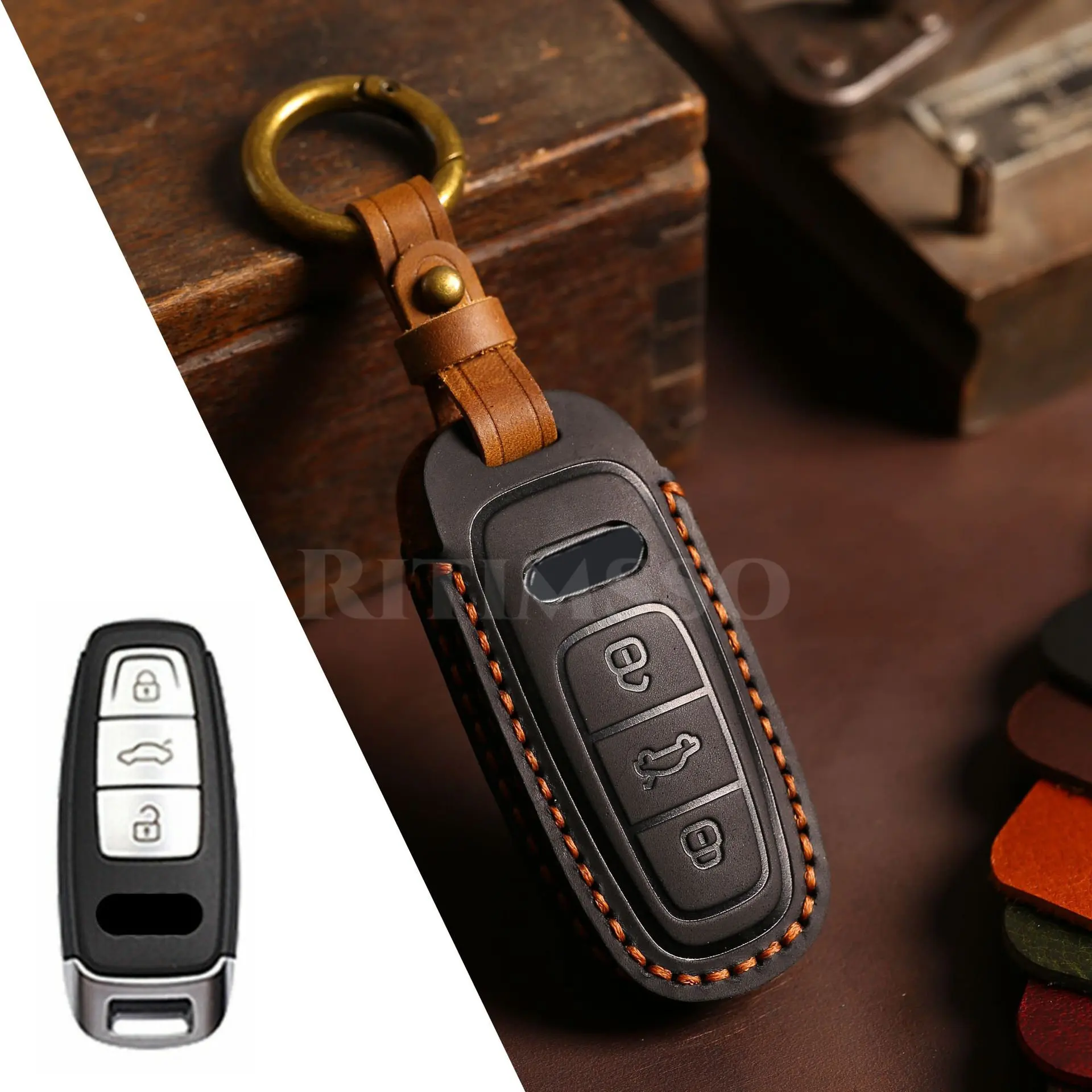 Leather Car Key Case For Audi A3 A6 C8 A7 S7 A8 D5 4N S8 Q7 Q8 SQ8 E-tron 2018 2019 2020 2021 Auto Accessories Ring Cover