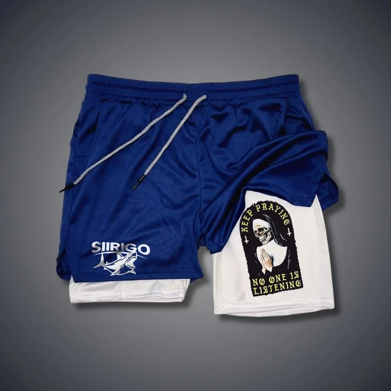 European And American Fashion Trend Sports Double Layered Shorts For Men\'s Training Fake Two Basketball Rnning Fitness Shorts