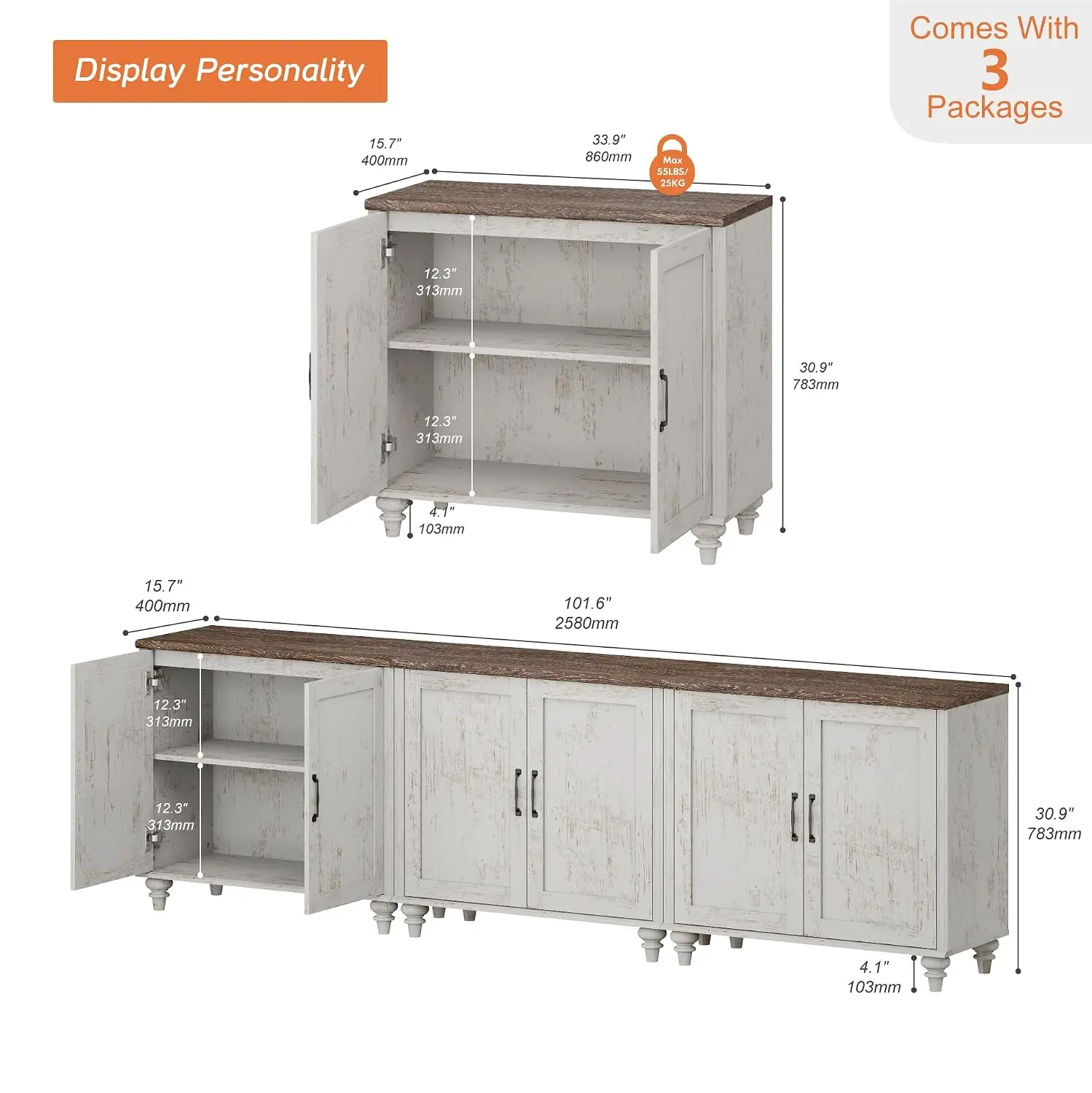 Rustic White TV Stand With 6 Wood Doors For 100 Inch Television, Customized