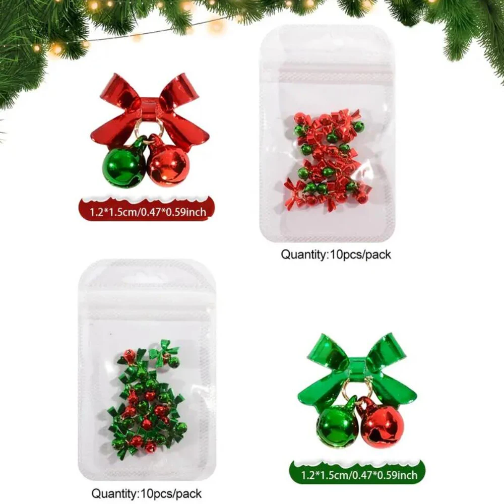 10/50 Stück Weihnachts-Nagelanhänger aus Legierung, roter Schleifenanhänger, Nagelkunst-Dekorationen, 1,2*1,5 cm, Party-Stil, Schleifen- und Glocken-Nagelaccessoires – Detail 1