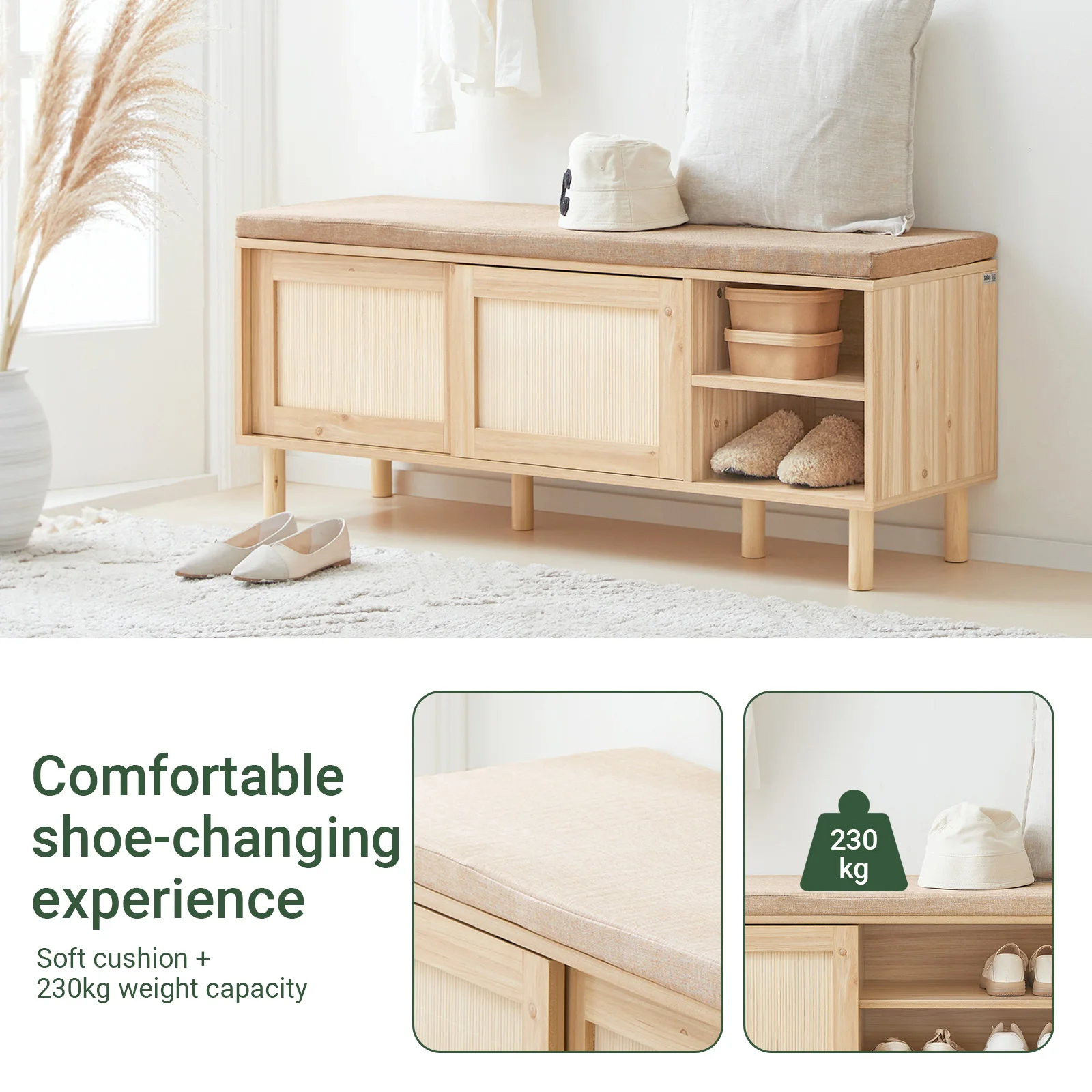 SoBuy FSR163-N Schuhbank mit Sitzfläche Sitzbank mit Stauraum Dielenbank mit Schiebetüren Schuhtruhe Sitzkommode Schuhregal – Detail 4