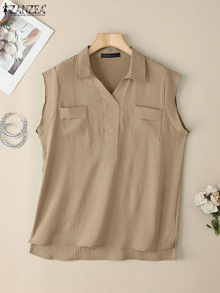 

ZANZEA Casual Work Blouse Vintage Solid Color Tops Women Sleeveless Lapel Neck Tunic 2025 Elegant Shirts Short Sleeve Blusas