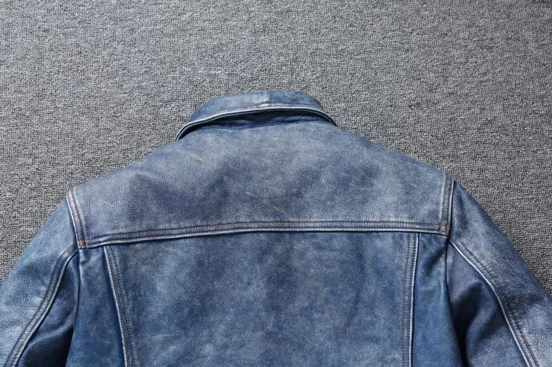 Men's Motorcycle Leather Jacket Light Blue Ami Khaki Retro Graphite Distressed Denim Genuine Leather Jacket Slim Short Jacket 105 S71ad747f97454ef0bd688726ab2269ea1
