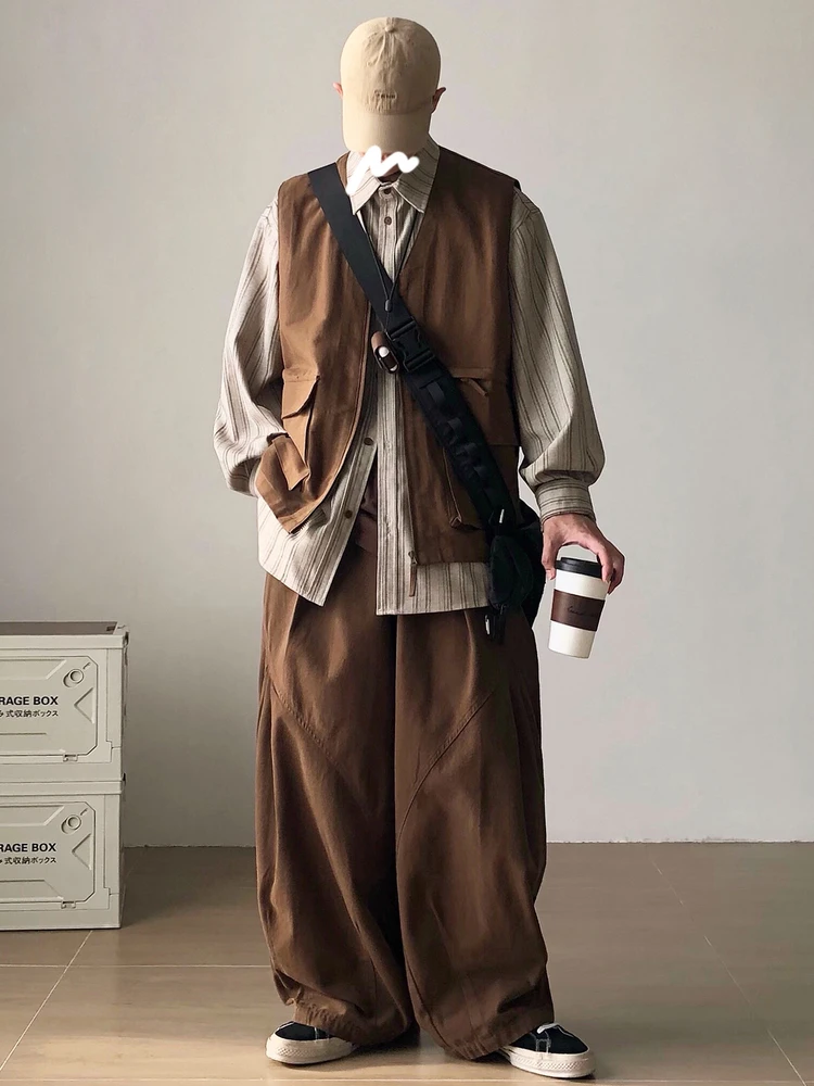 

Loose ex Spring Autumn Japanese Sle Vest Jaet Svel Layering Workwear Outerwear V-Ne Single Button Closure