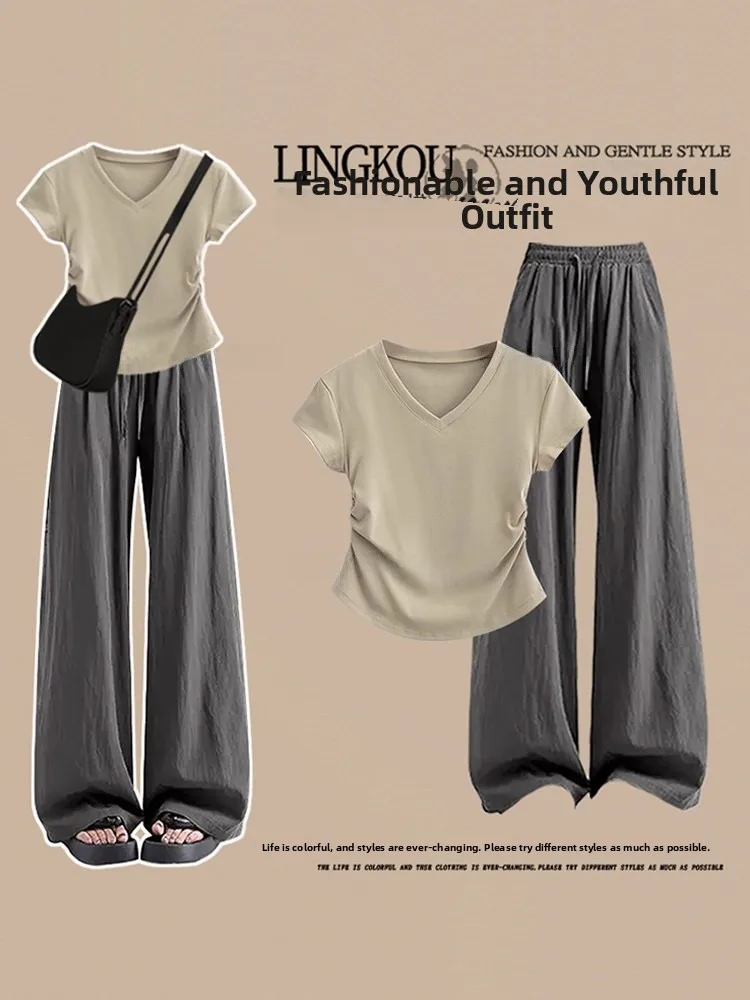 Ladies Casual Summer Outfit Set High Waist Wide Leg Pants Short Sleeve T-Shirt V-Neck Two-Piece Set Slimming Effect Vintage S...