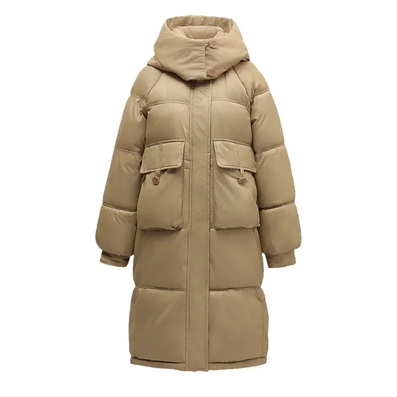 Parka longue à capuche pour femme avec poches optiques, doudoune femme, pardessus de neige coupe-vent, manteau en coton chaud, hiver, nouveau, 2024