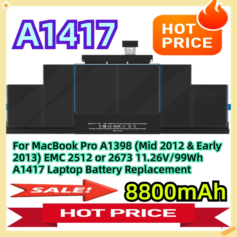 

Для MacBook Pro A1398 (средний 2012 и начало 2013) EMC 2512 или 2673 11,26 В/99 Втч A1417 Замена аккумулятора ноутбука