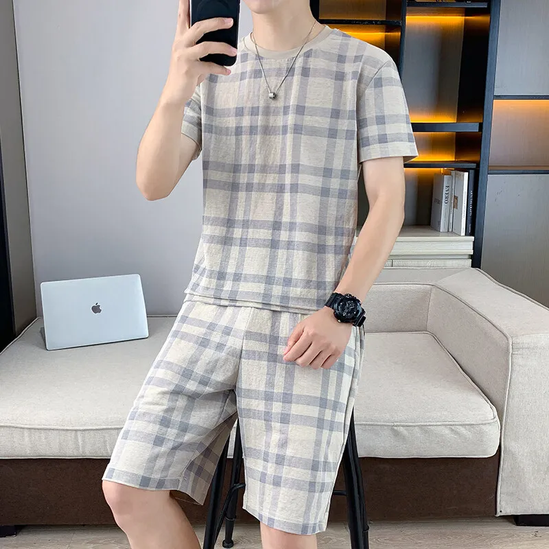 Casual Breathable Plaid Cotton T-Shirts & Shorts Short Sleeve Men's Sets 2025 Summer Youth Top Tees Pant Two-Piece Suit Clothing