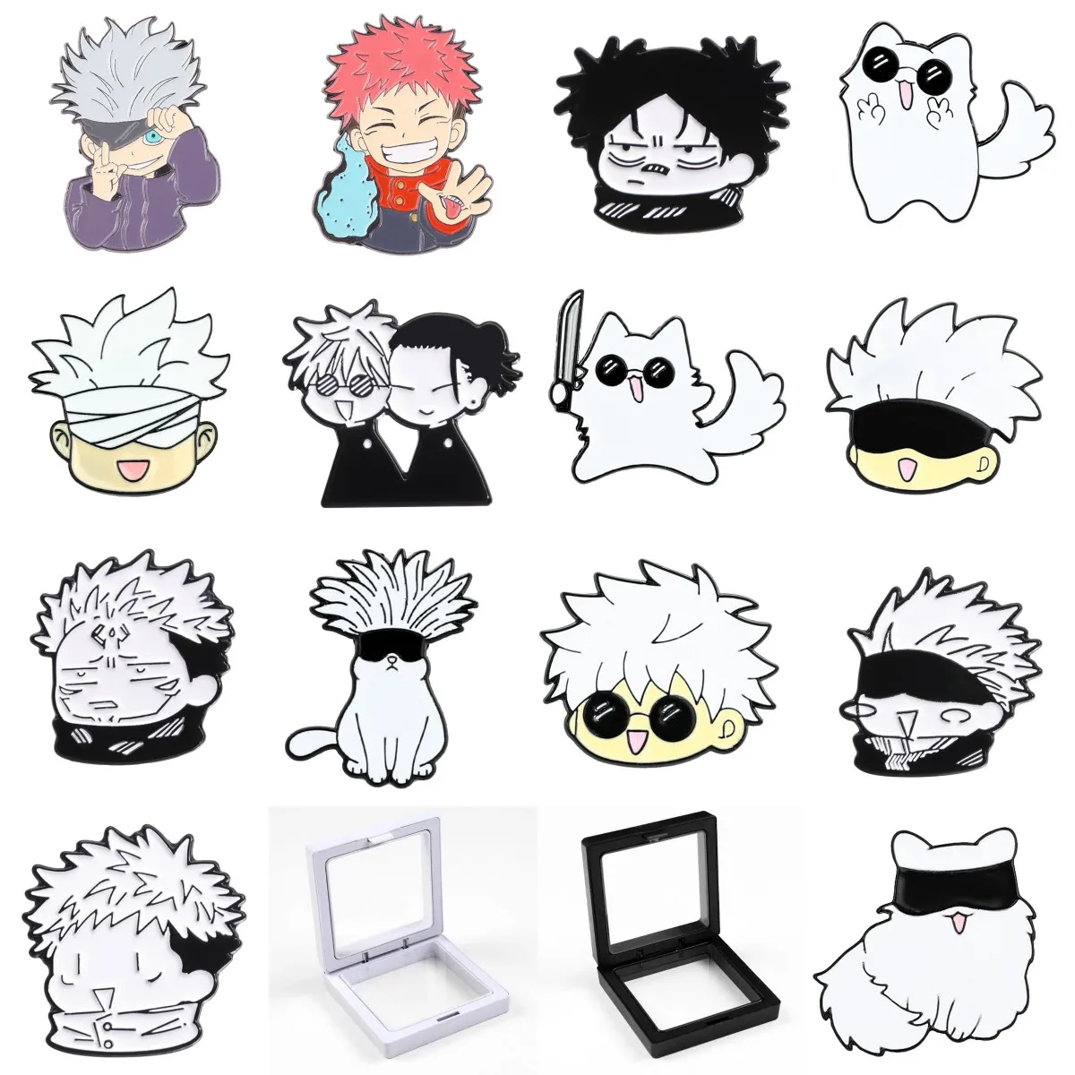 Cartoon Anime Enamel Brooch Animated Characters Metal Pins Black White Suspended Floating Display Case Badge Stand Holder Box