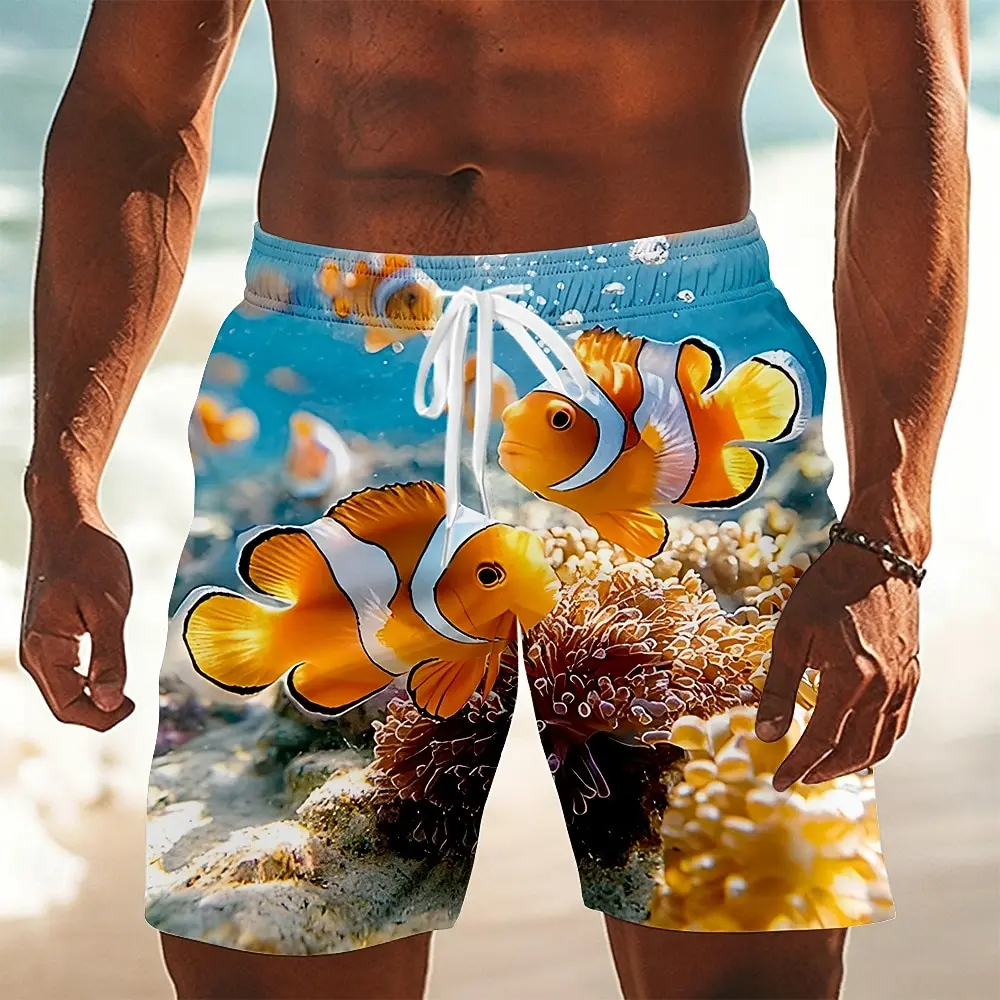 Men's Spring Summer 3D Printed Drawstring Shorts, Blue Sea Turtle Octopus Clownfish Underwater World Beach Bottoms