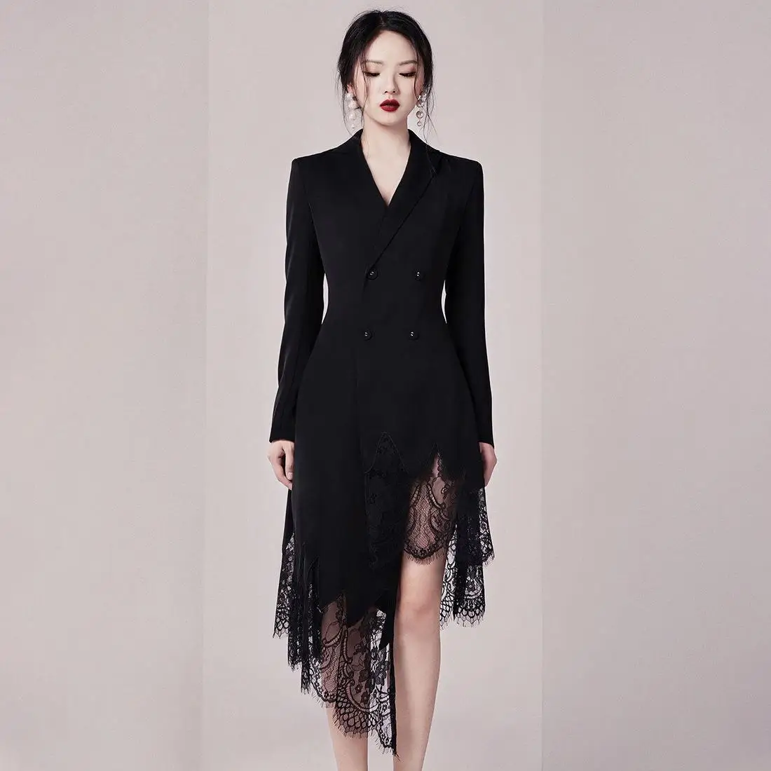 

Women's Long Sve Lace Splice Suit Coat Bla Dr Briti Sle mid Waist Irregular Skirt Single Piece Winter Collection