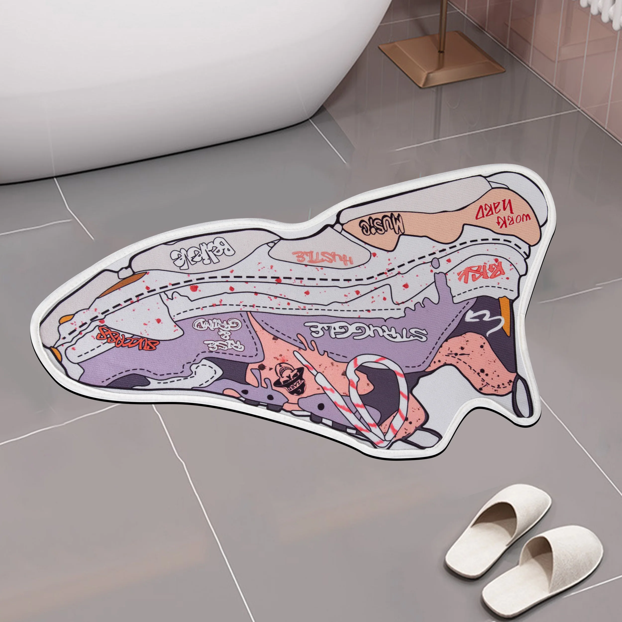 Graffiti Sneaker Shaped Rug Hip‑hop Street Style Non‑Slip Floor Mat Creative Irregular Shoe Print Doormat Bedroom Living Room Ho