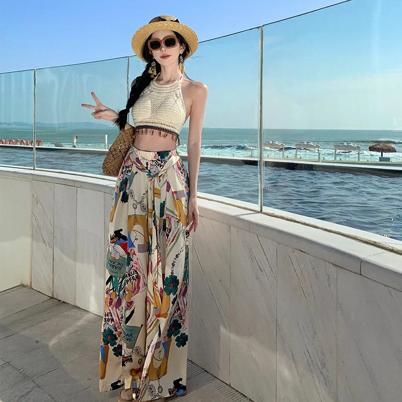 2024 Cartoon Flower-Shaped Slimming Elastic Waist Belt Front Side Slit Travel Chiffon Bell Bottoms Long Pants Nine-Seven-Five Pa