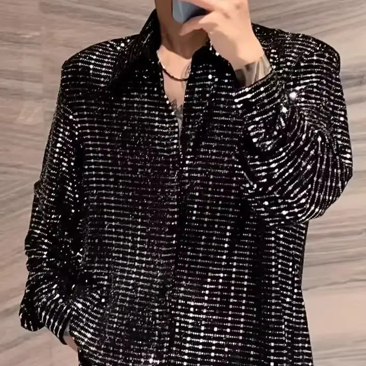 High-end Nightclub Shirt For Men Long Sleeve Summer New Fashion Loose Sequin Heat-transfer Casual Trend Floral Blouse Hiphop