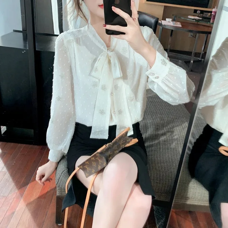 Long Sleeve Blouse Women Blusas Mujer De Moda 2024 Bow Collar Chiffon Blouse Shirt Women Clothing Tops Women Blouses Blusa E398