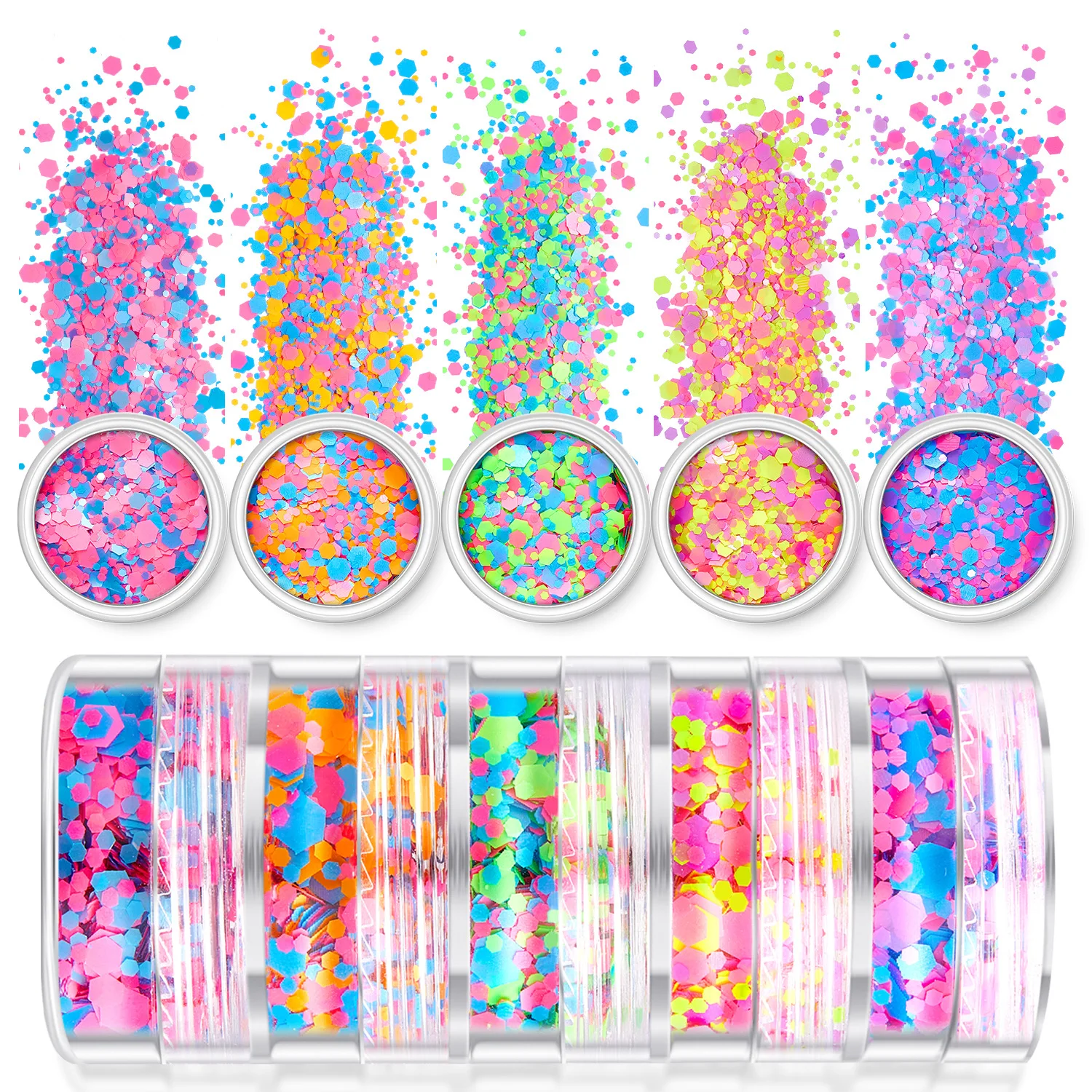 2025 Nuovi gioielli per nail art con paillettes per il corpo, fluorescenti, a 5 strati