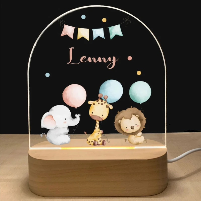 Imagem -04 - Personalizado Baby Night Light Usb Wood Base Lamp Nome Personalizado Lâmpada 3d para Crianças Mesa de Quarto Presente Animal