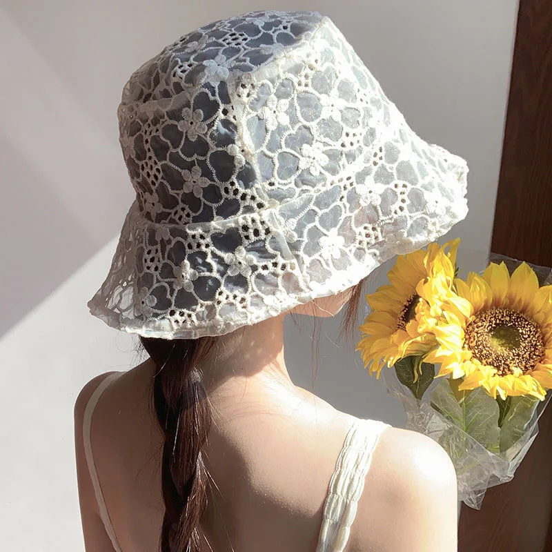 

Lace Flower Women Bucket Hat Korea Girls Fisherman Cap Hollow Thin Breathable Panama Basin Cap Beach Sun Hats Summer Accessories