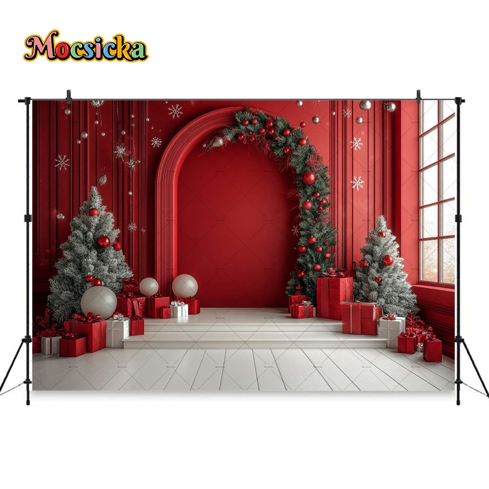 تصوير خلفية غرفة عيد الميلاد الحمراء ، باب مقوس ، شجرة عيد الميلاد ، خلفية جدار القصر ، ديكور للأطفال ، استوديو صور عائلي ، شتاء