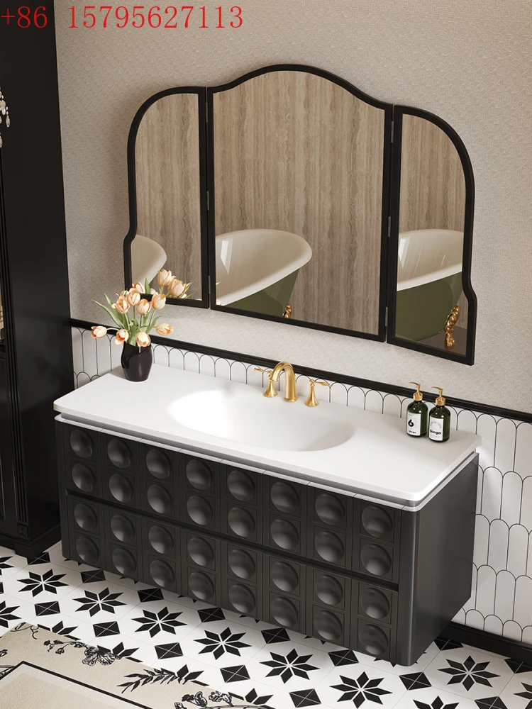 

Интегрированная раковина Corian, французский светлый роскошный деревянный каркас, складное зеркало, шкаф для ванной комнаты, умывальник