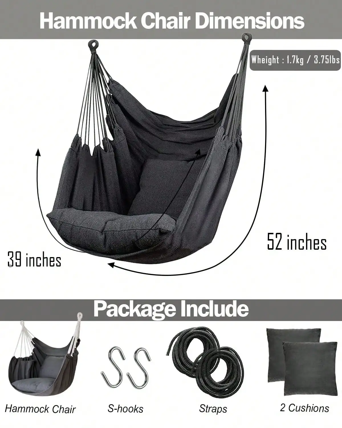 Hanging Hammock Chair Rope Swing with 2 Cushions - Sturdy and Durable Soft Cotton Hand-Woven Hammock Swing