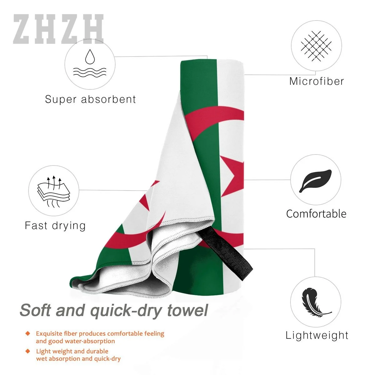 More Design Algeria Flag Emblem Bath Towel Quick dry Microfiber Absorbing Soft Water Breathable Beach Swimming Bathroom