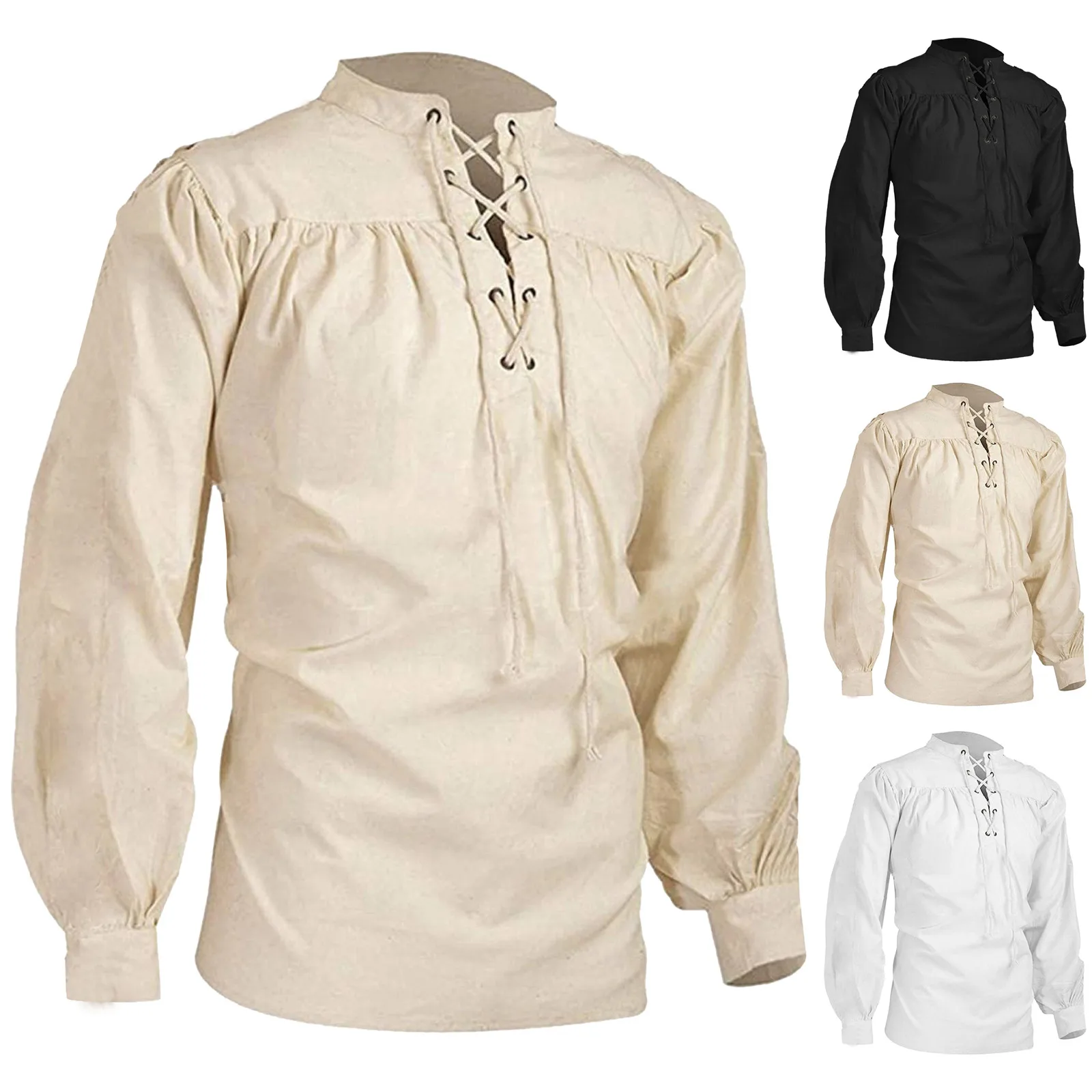 القرون الوسطى القوطية الذكور قميص بلوزة غير رسمية أعلى ضمادة قمصان طويلة الأكمام الرجال بلايز موضة Soild اللون بلوزات Ropa Hombre
