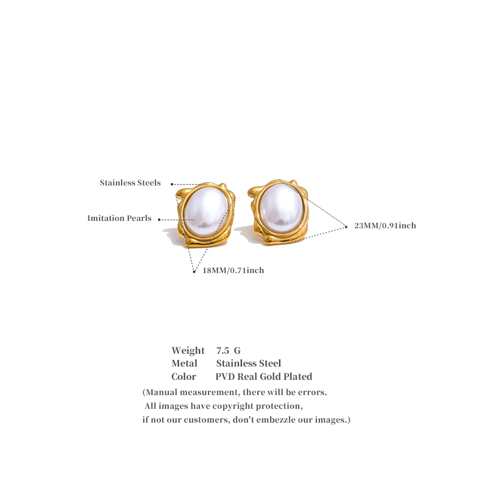 Yhpup Elegant Simulated Pearls Round Daily Stud Earrings for Women 18K Gold Color Plated Stainless Steel Vintage Jewelry New