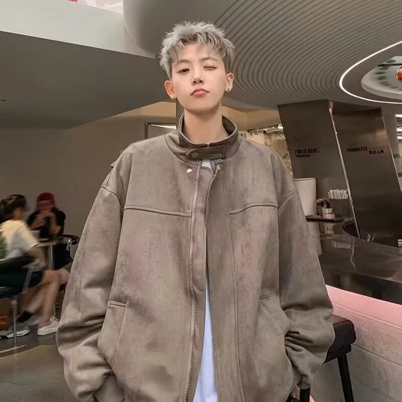 

Осенние американские замшевые куртки на молнии в стиле ретро для мужчин, повседневная свободная куртка-бомбер с воротником-стойкой, новинка 2025 года, бейсбольное пальто Y2K, верхняя одежда