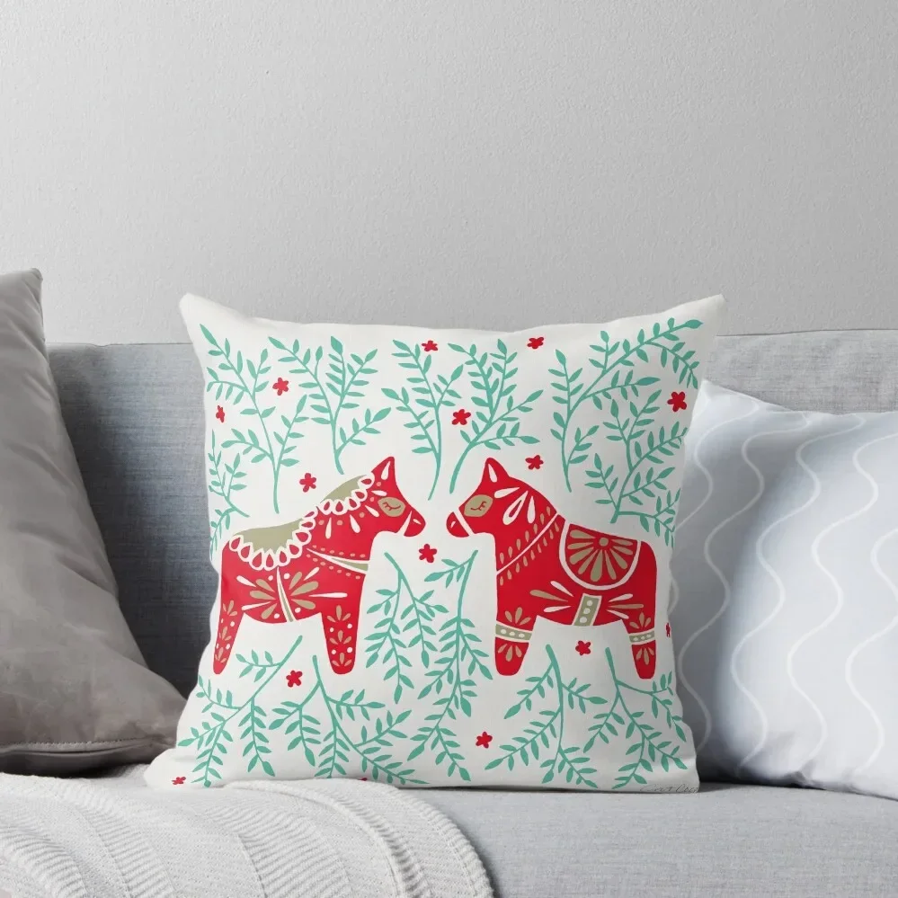 Swedish Dala Horses – Red & Mint Palette Throw Pillow Pillow Cover New year Pillow